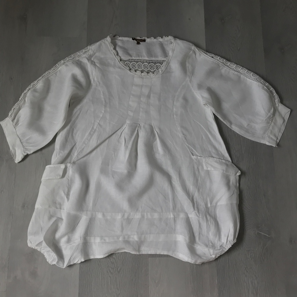 WOMENS TUNIC TOP MADE IN ITALY WHITE GAUZE 100% LINEN OVERSIZE WOMENS LARGE